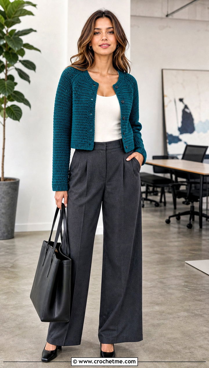 Cropped Top Down Crochet Cardigan With Wide Leg Trousers - 30 top down crochet cardigan outfit ideas