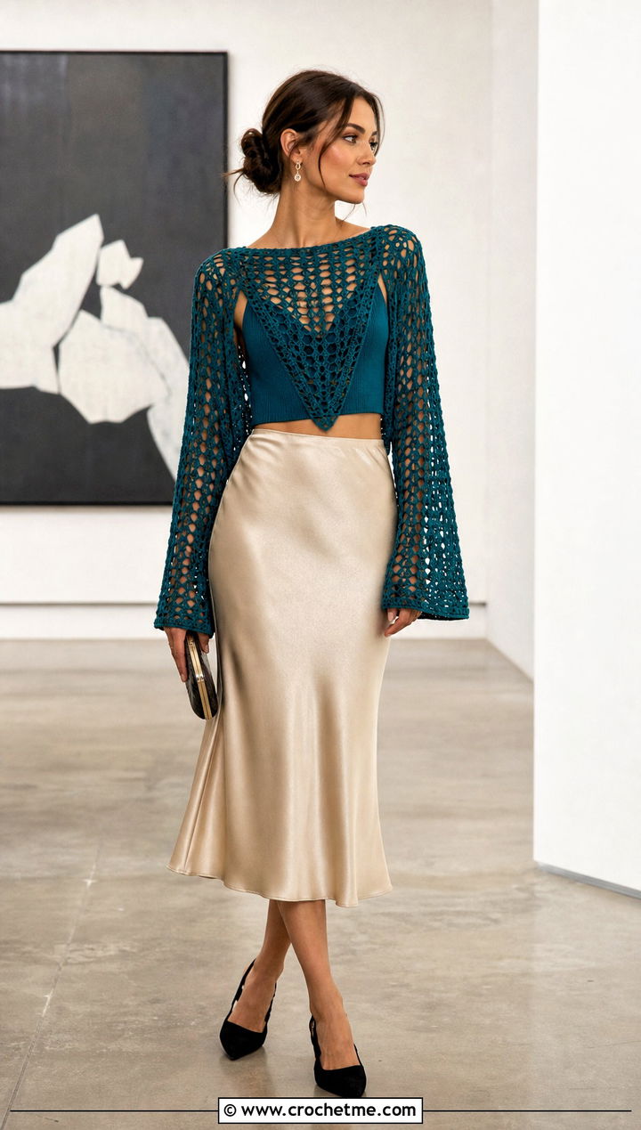 Cropped Triangle Crochet Sweater With Satin Midi Skirt - 15 triangle crochet sweater outfit ideas