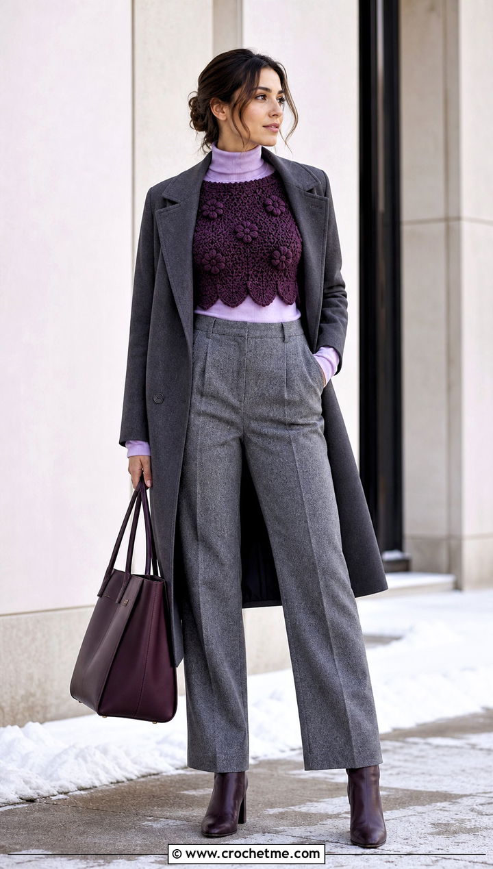 Cropped Tulip Crochet Sweater Top With Wool Trousers - 30 crochet tulip top outfit ideas