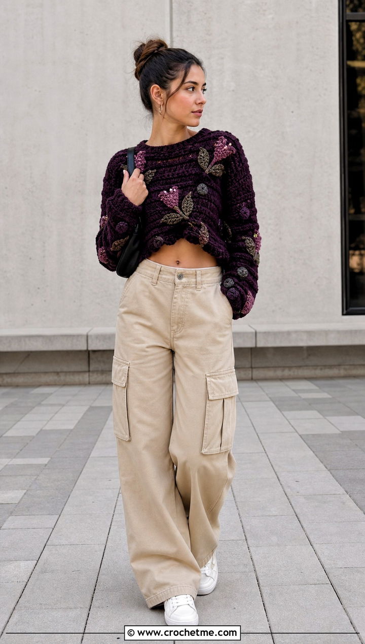 Cropped Tulip Motif Sweater With Cargo Pants - 25 Tulip Crochet Sweater outfit ideas