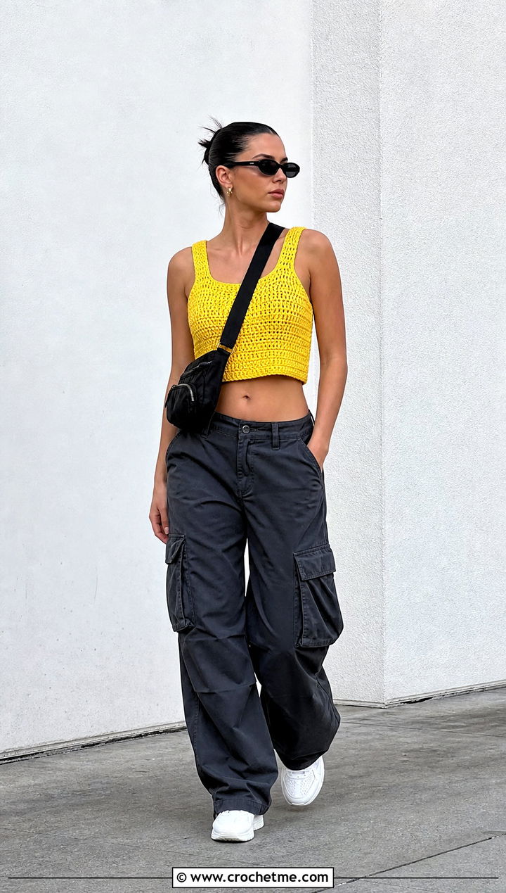 Cropped Tunisian Crochet Top With Cargo Pants - 30 tunisian crochet top outfit ideas