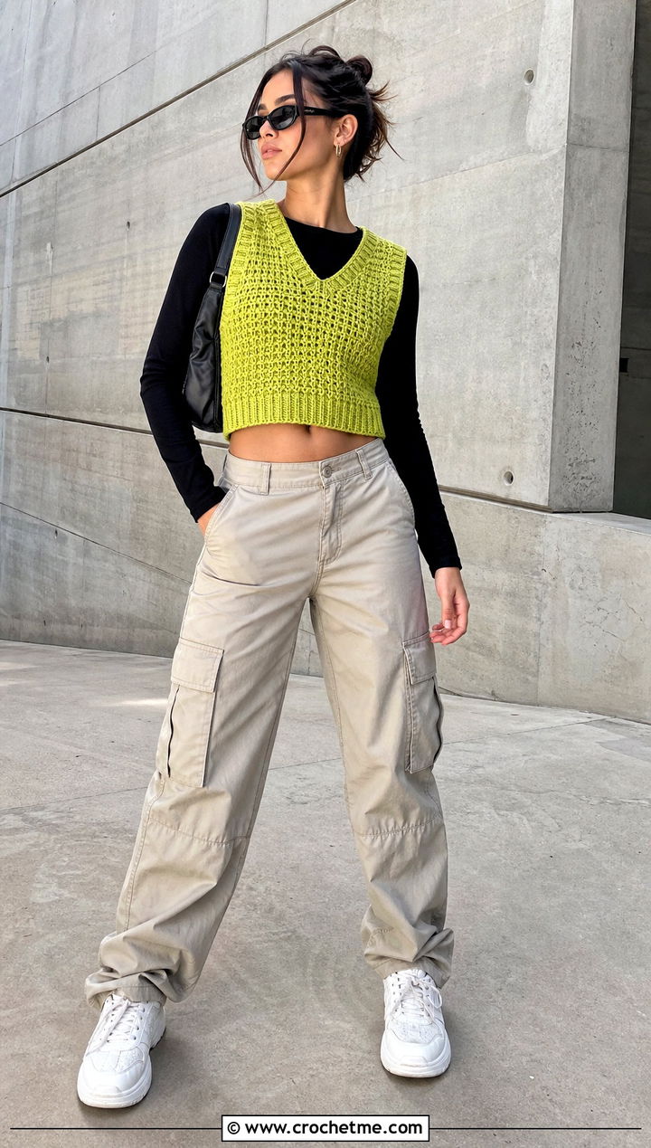 Cropped Tunisian Crochet Vest With Cargo Pants - 20 Tunisian Crochet Vest outfit ideas