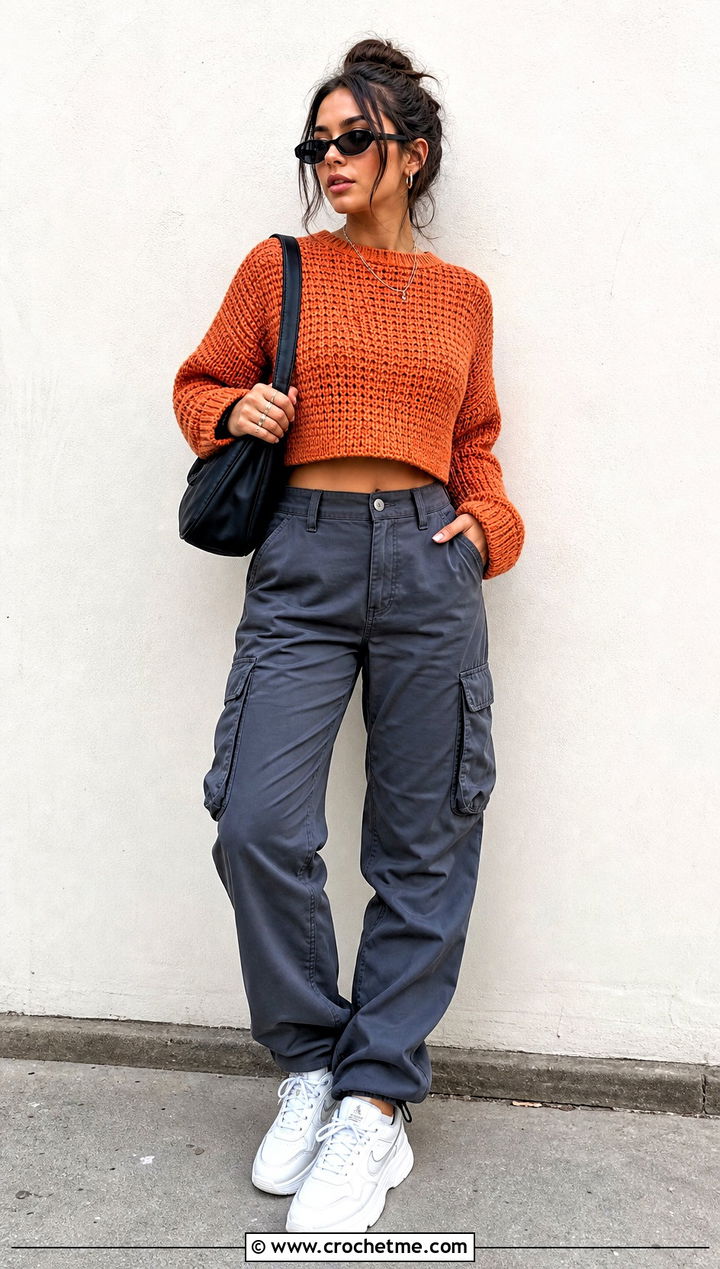 Cropped Tunisian Sweater With Cargo Pants - 35 tunisian crochet sweater outfit ideas