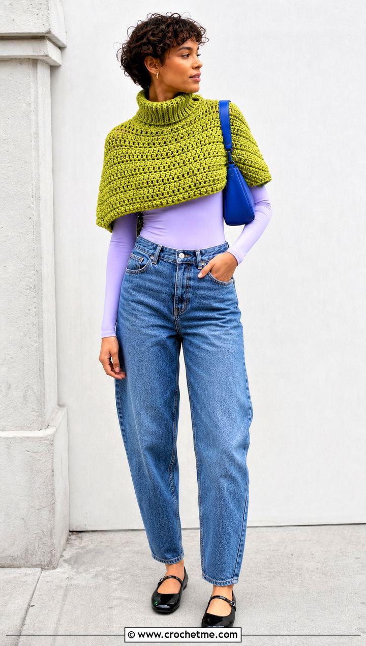 Cropped Turtle Neck Crochet Poncho With Barrel Jeans - 25 Turtle Neck Crochet Poncho outfit ideas