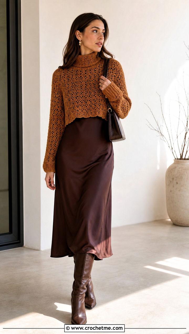 Cropped Turtleneck Crochet Sweater With Midi Dress - 35 crochet sweater women outfit ideas