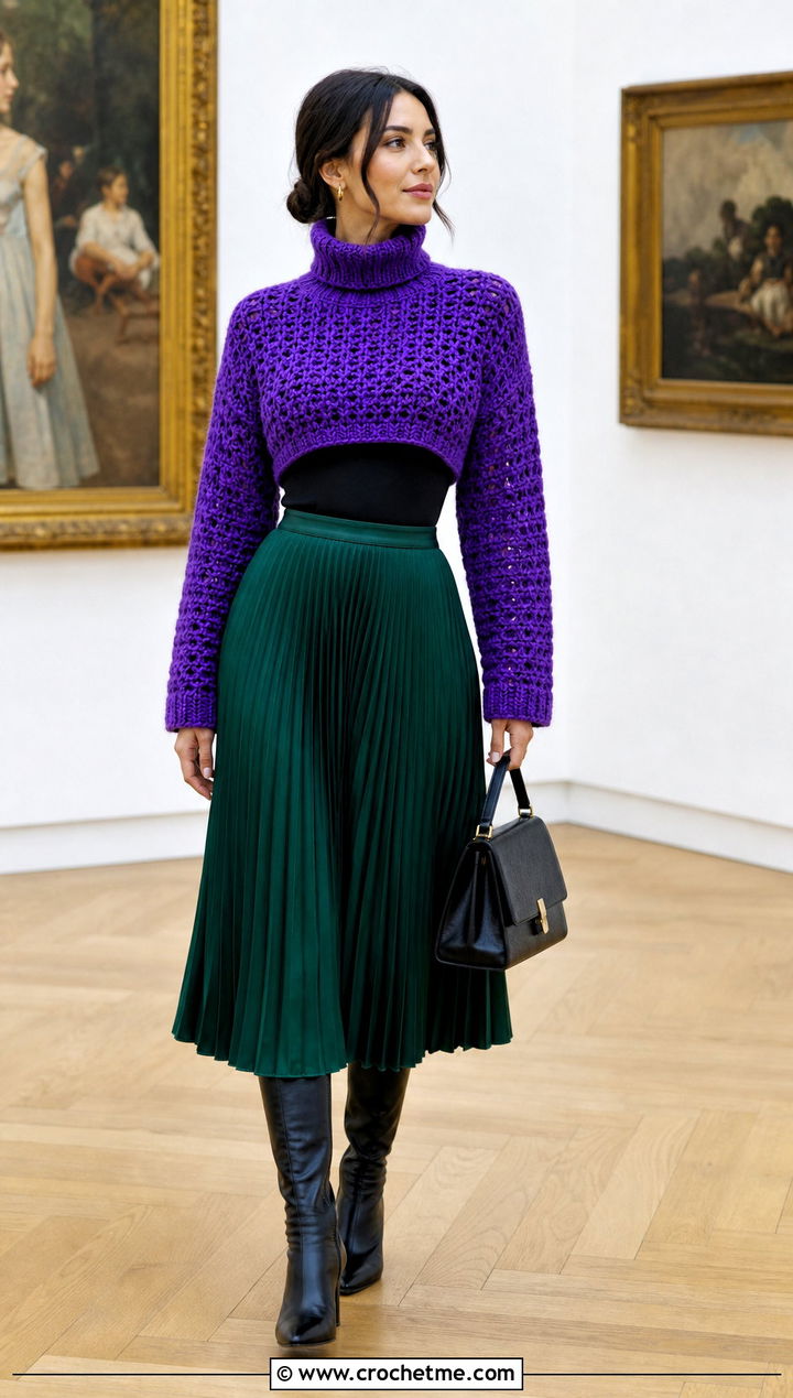 Cropped Turtleneck Crochet Sweater With Pleated Midi Skirt - 35 Crochet Top Sweater outfit ideas