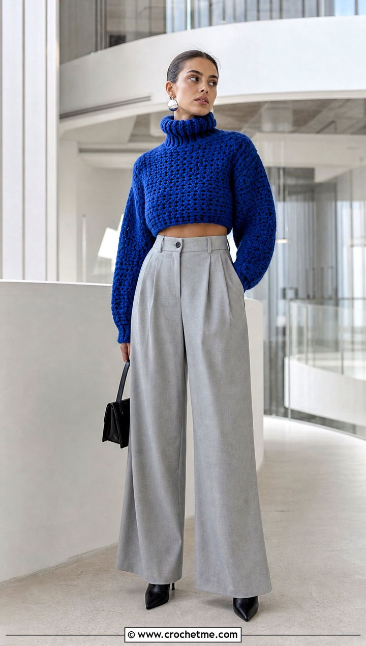 Cropped Turtleneck Crochet Sweater With Wide Leg Trousers - 30 crochet high neck sweater outfit ideas