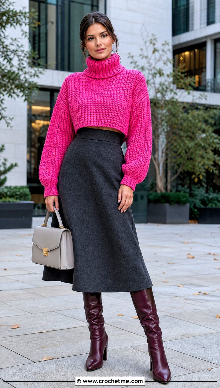 Cropped Turtleneck Tunisian Crochet Jumper With A Line Skirt - 30 tunisian crochet jumper outfit ideas