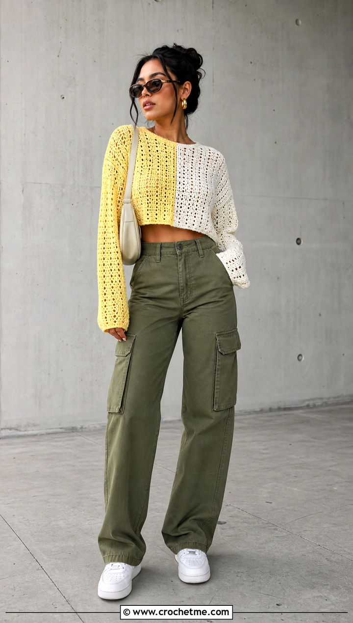 Cropped Two Tone Crochet Colorblock Sweater With Cargo Pants - 30 crochet colorblock sweater outfit ideas