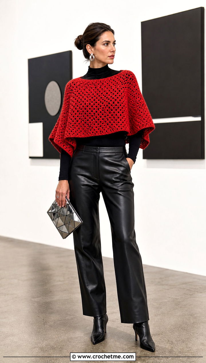 Cropped Uptown Crochet Poncho With Leather Pants - 15 Uptown Crochet Poncho outfit ideas