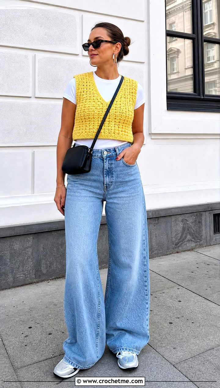 Cropped V Neck Chunky Crochet Vest With Wide Leg Jeans - 30 crochet chunky vest outfit ideas