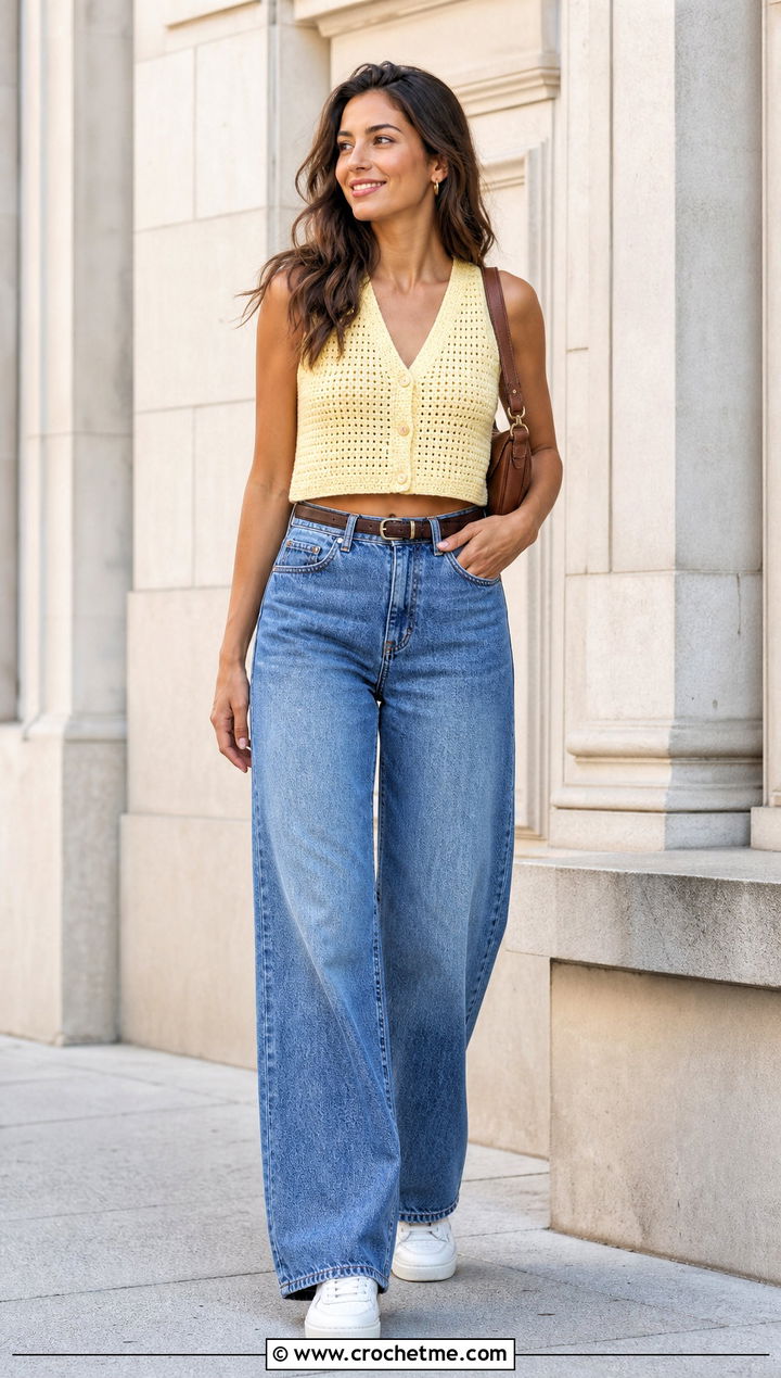 Cropped V Neck Crochet Button Vest With Wide Leg Jeans - 35 crochet button vest outfit ideas