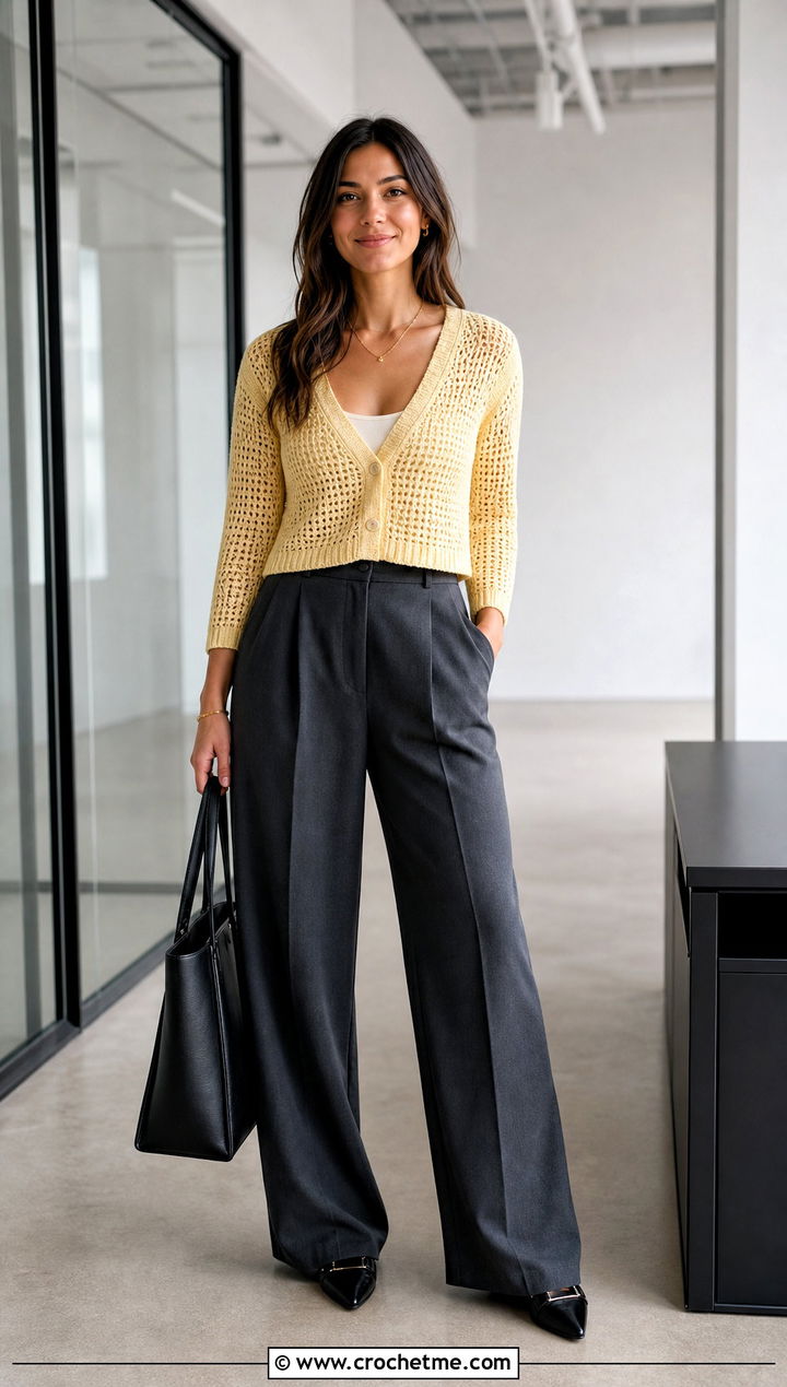 Cropped V Neck Crochet Cardigan With Wide Leg Trousers - 15 Crochet Cardigan Fall Fashion and outfit ideas