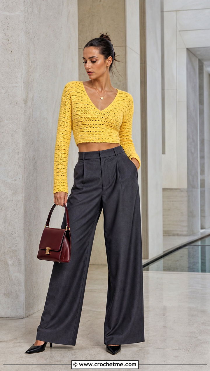 Cropped V Neck Crochet Fitted Sweater With Wide Leg Trousers - 30 crochet fitted sweater outfit ideas