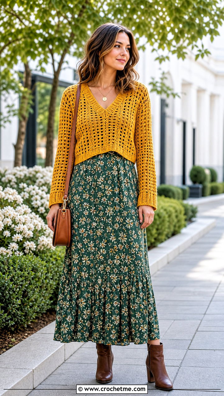 Cropped V Neck Crochet Raglan Sweater With Maxi Dress - 35 crochet raglan sweater outfit ideas