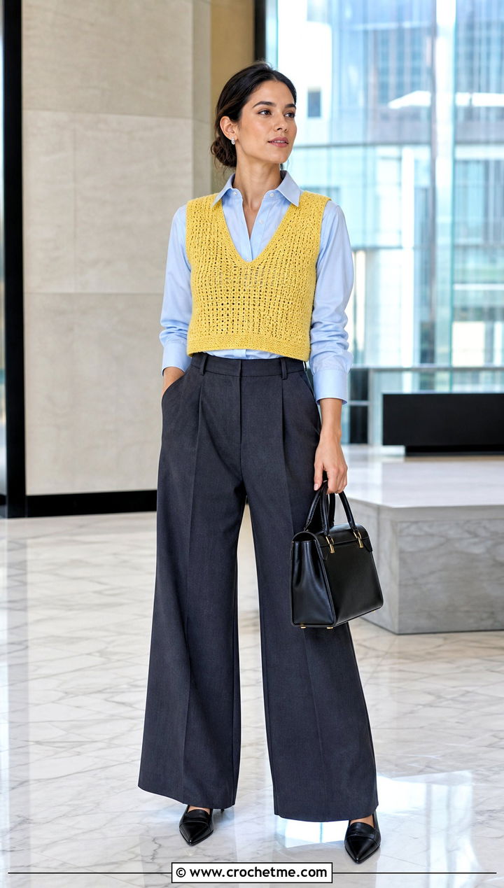 Cropped V Neck Crochet Slipover Vest With Tailored Trousers - 15 crochet slip over vest outfit ideas