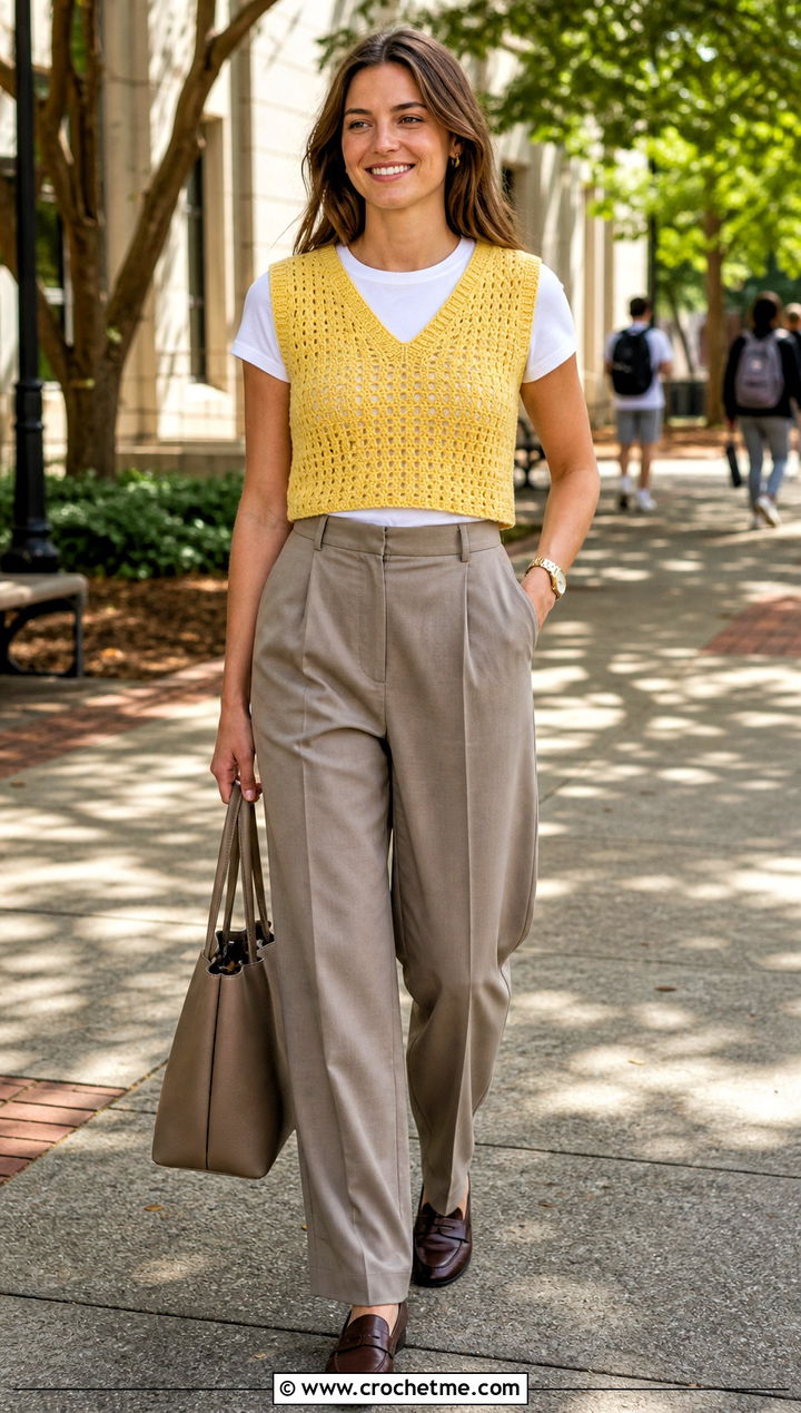 Cropped V Neck Crochet Sweater Vest With Pleated Trousers - 35 v neck crochet top outfit ideas