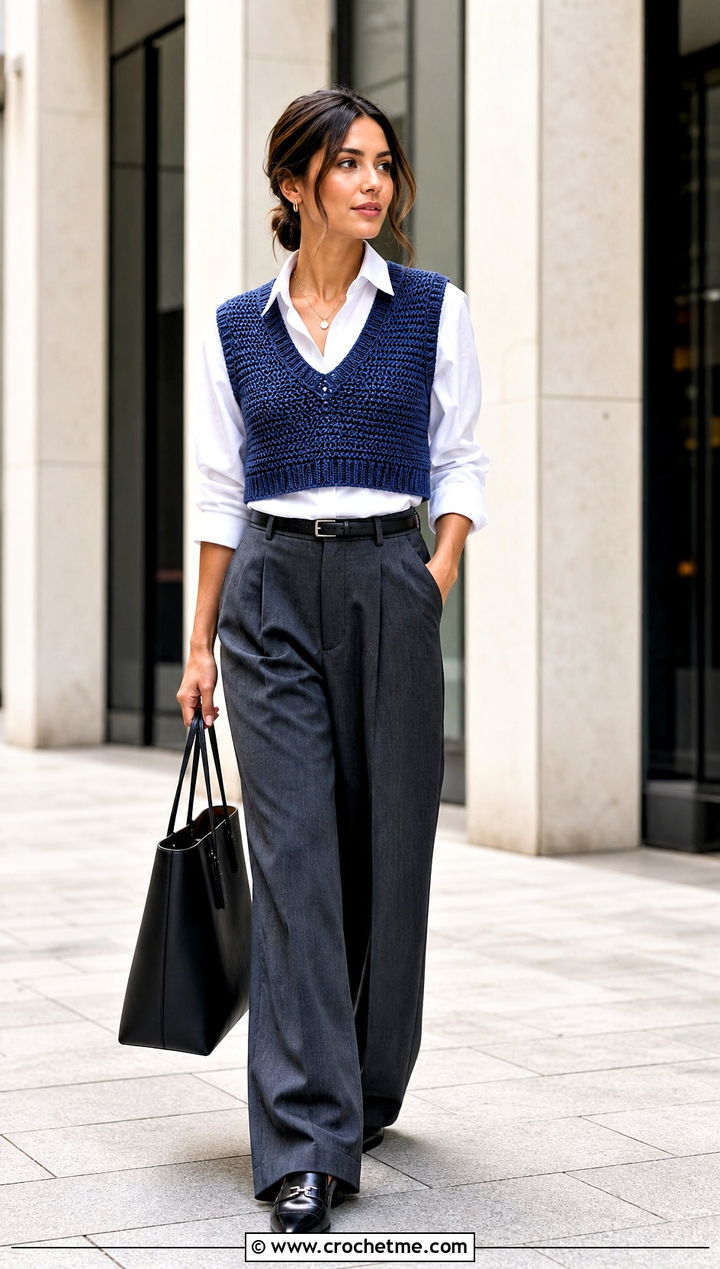 Cropped V Neck Crochet Vest With Tailored Trousers - 35 crochet vest for women outfit ideas