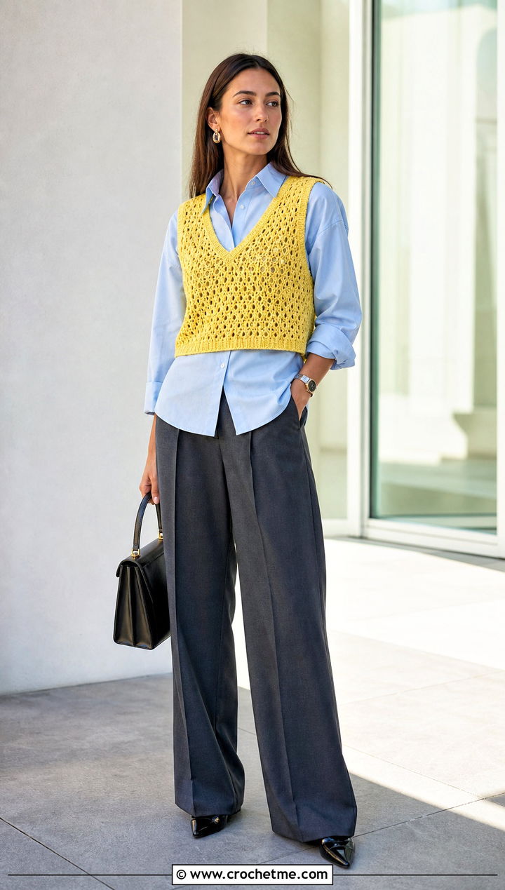 Cropped V Neck Crochet Vest With Wide Leg Trousers - 35 crochet vests outfit ideas