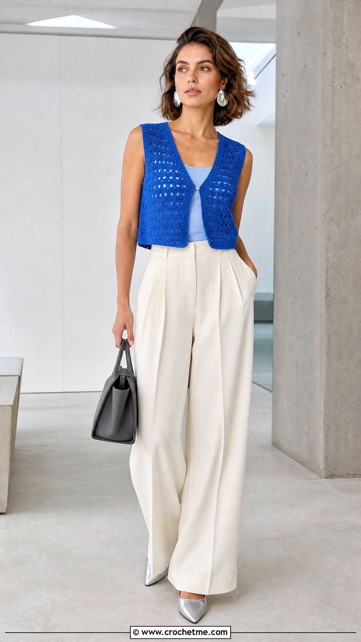 Cropped V Neck Crochet Waistcoat With Wide Leg Trousers - 35 crochet waistcoat outfit ideas