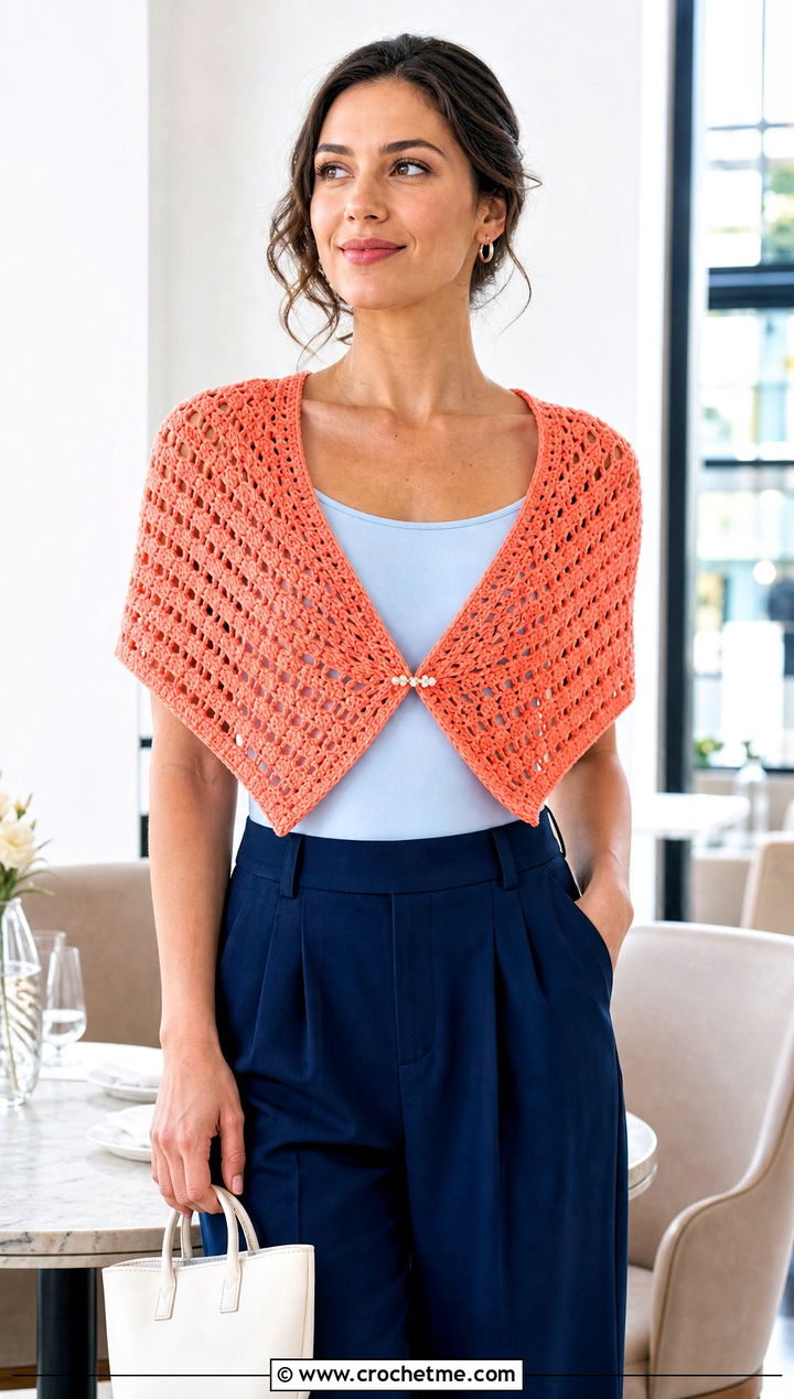 Cropped V Stitch Crochet Shawlette With High Waisted Pants - 25 V Stitch Crochet Shawl outfit ideas