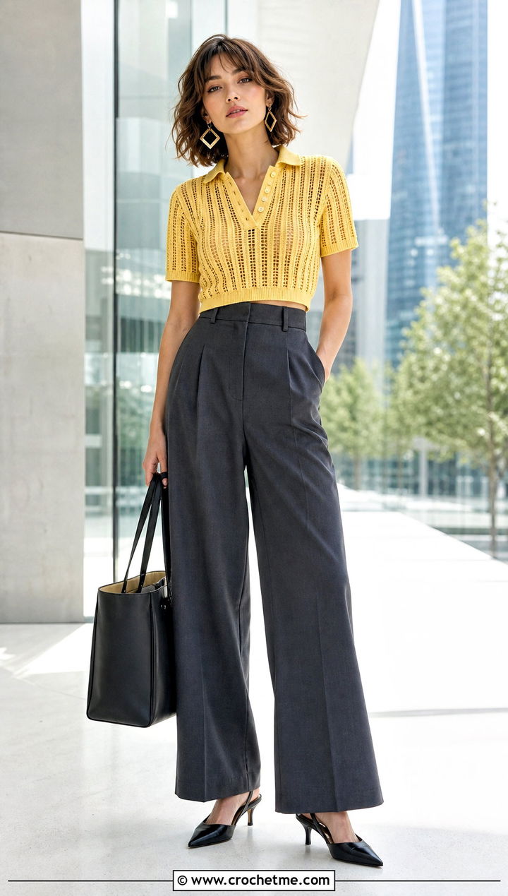 Cropped Vertical Stripe Crochet Sweater Polo With Tailored Trousers - 15 vertical stripe crochet sweater polo outfit ideas