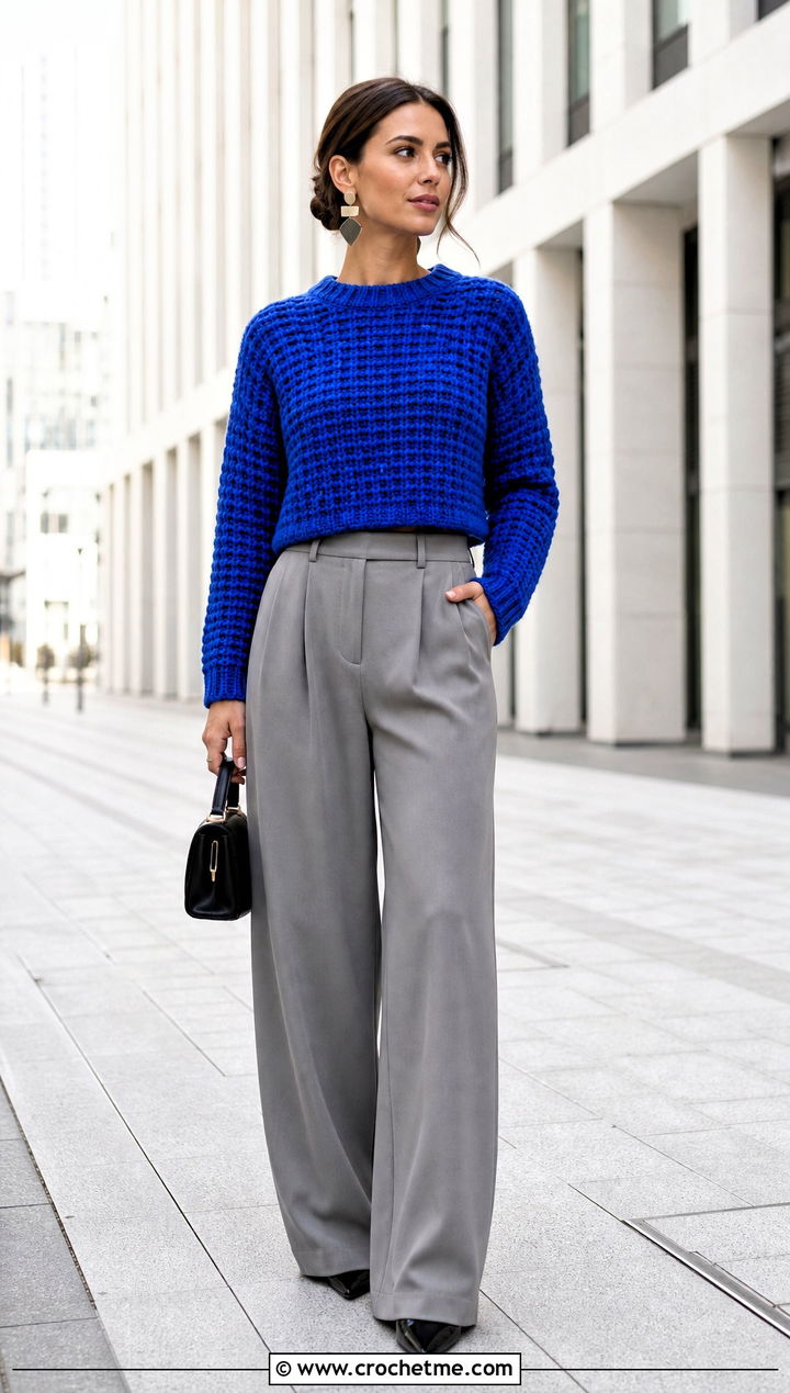 Cropped Waffle Stitch Crochet Sweater With Wide Leg Trousers - 30 waffle stitch crochet sweater outfit ideas