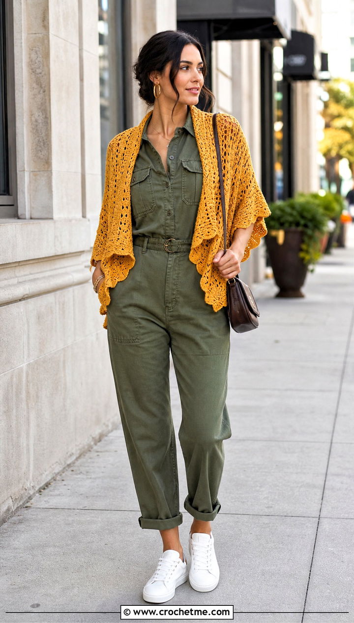 Cropped Waterfall Crochet Drape Cardigan With Utility Jumpsuit - 15 Crochet Drape Cardigan outfit ideas