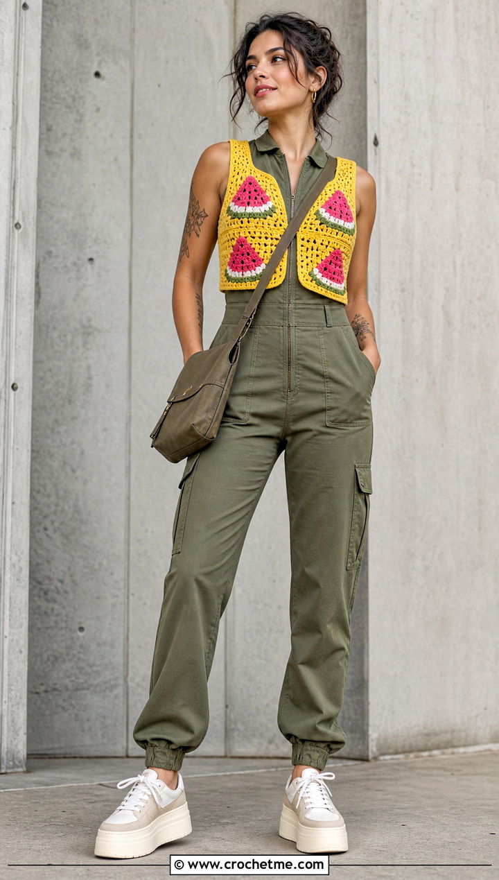 Cropped Watermelon Crochet Vest Top With Utility Jumpsuit - 30 watermelon crochet top outfit ideas