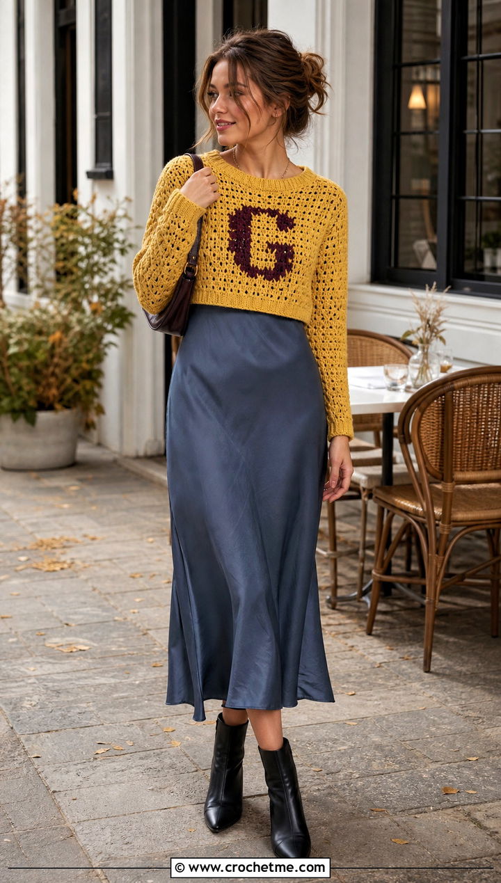 Cropped Weasley Crochet Sweater With Slip Dress - 35 crochet harry potter sweater outfit ideas