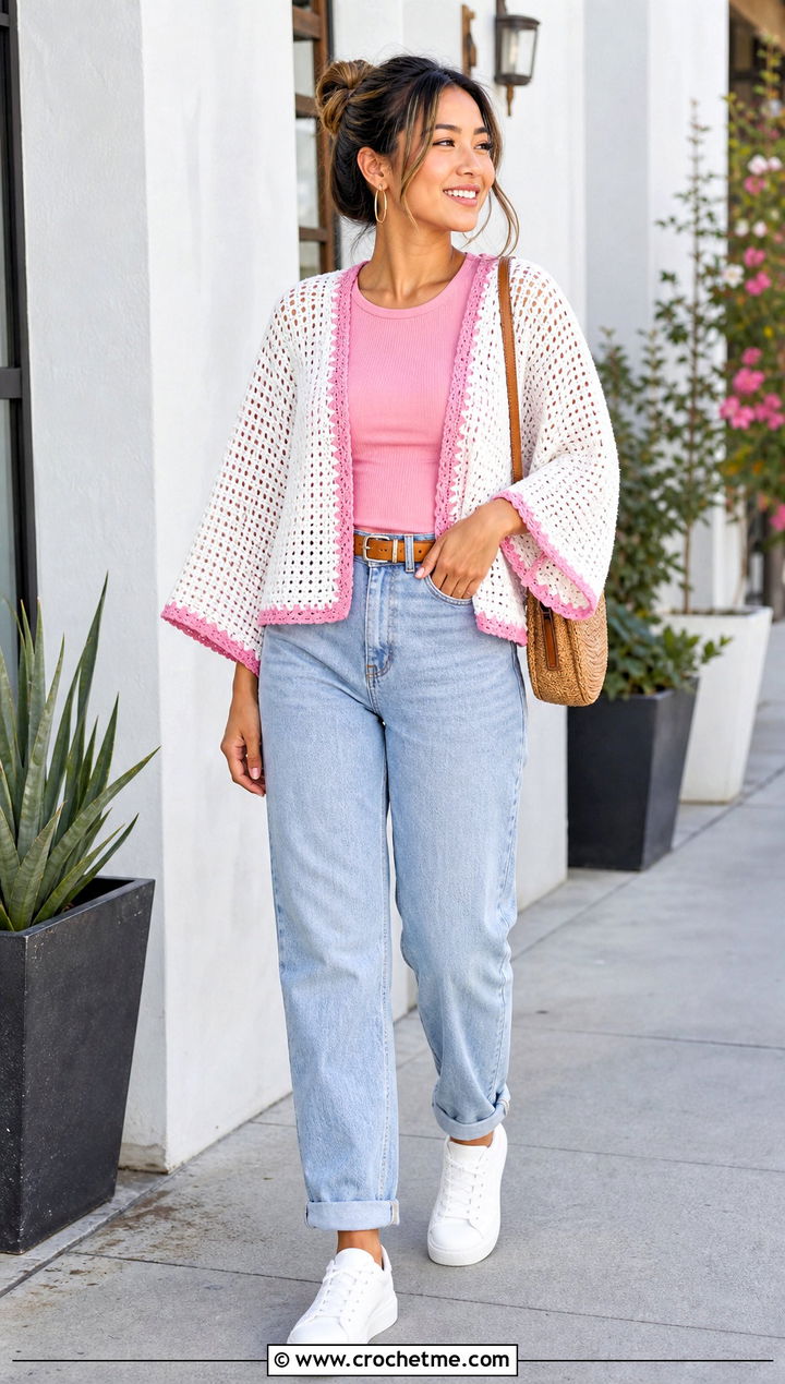 Cropped White Crochet Haori Kimono With Mom Jeans - 15 White Crochet Kimono outfit ideas