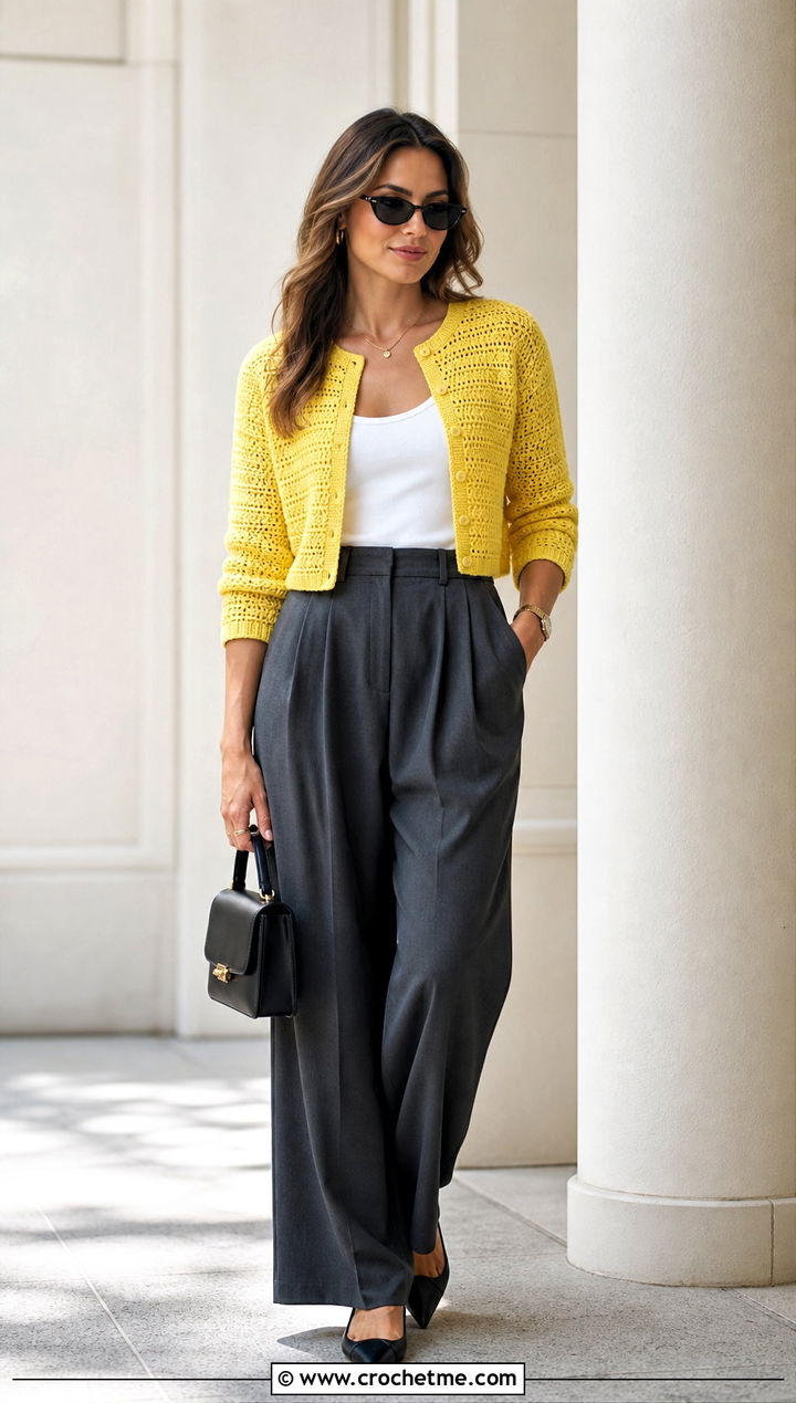 Cropped Worsted Weight Crochet Cardigan With Wide Leg Trousers - 25 Worsted Weight Crochet Cardigan outfit ideas