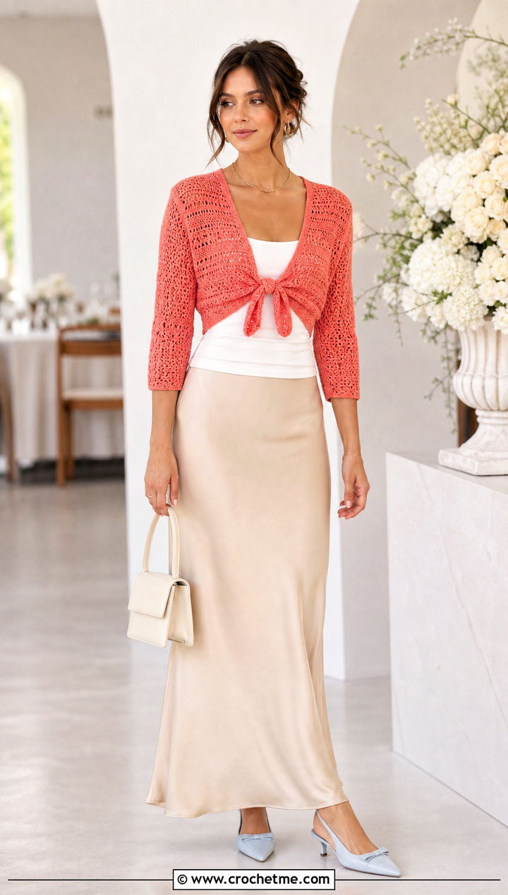 Cropped Wrap Around Shrug With Satin Maxi Skirt - 25 crochet wrap around shrug with sleeves outfit ideas