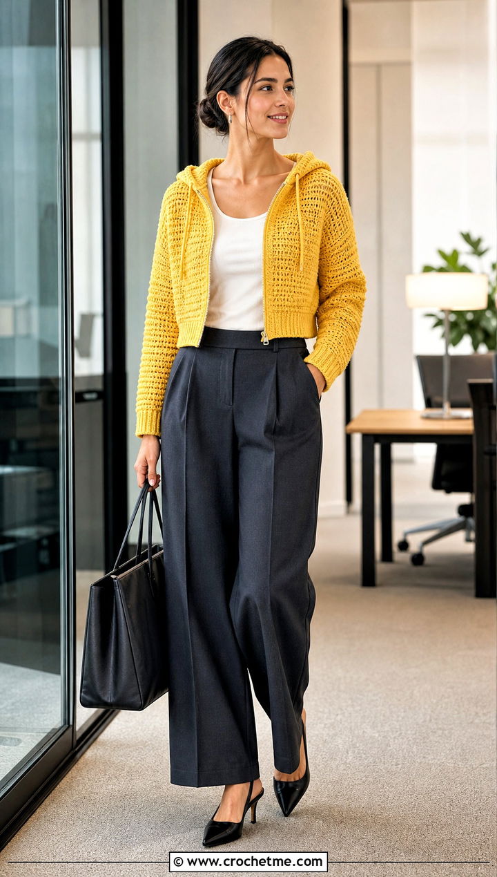 Cropped Zip Up Crochet Hoodie Cardigan With Tailored Trousers - 30 crochet hoodie cardigan outfit ideas