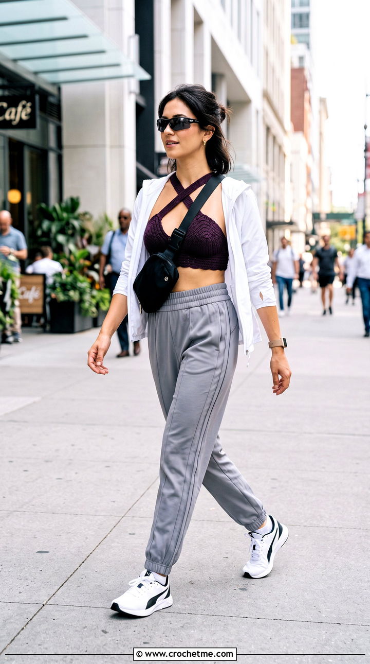 Cross Back Crochet Bralette With Track Pants - 35 crochet bralette outfit ideas