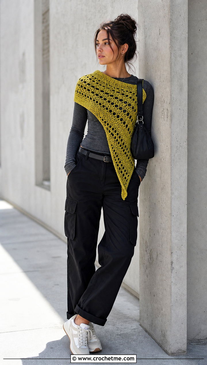 Cross Body Fall River Crochet Shawl With Cargo Pants - 25 Fall River Crochet Shawl outfit ideas