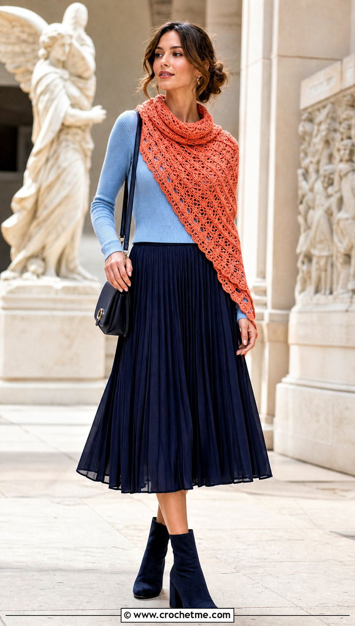 Cross Body Snowfall Crochet Sweater Scarf With Pleated Skirt - 15 Snowfall Crochet Sweater Scarf outfit ideas