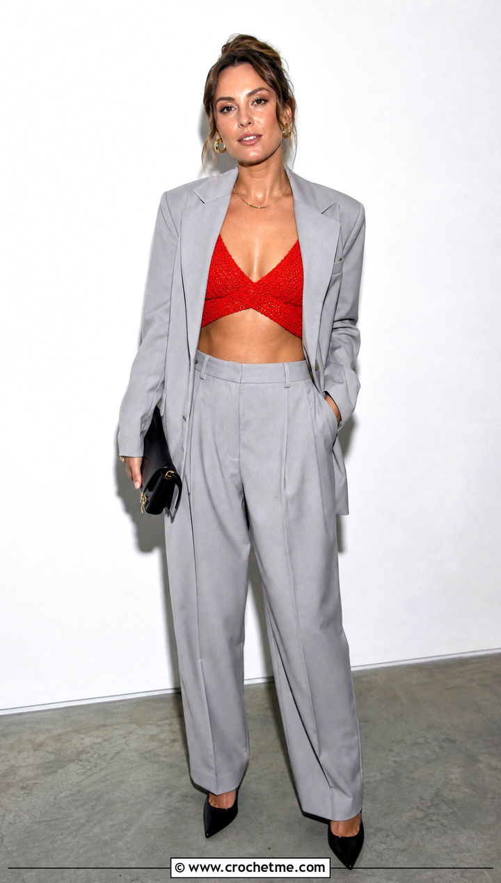 Cross Front Crochet Bralette Top With Oversized Suit - 20 Crochet Cross Top outfit ideas