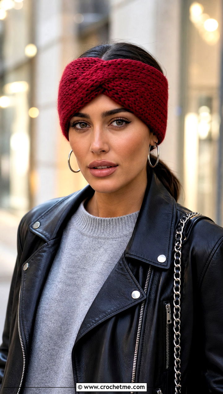 Cross Front Crochet Ear Warmer With Leather Jacket - 25 Beginner Crochet Ear Warmer outfit ideas