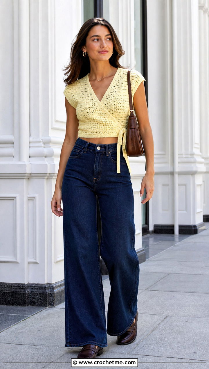 Cross Front Crochet Wrap Top With Wide Leg Jeans - 25 crochet cross over top outfit ideas