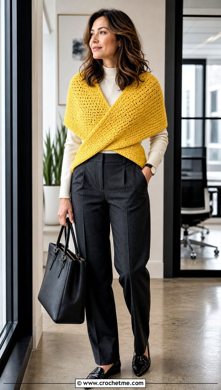 Cross Front Highlander Shawl With Tailored Trousers - 20 Crochet Highlander Shawl outfit ideas
