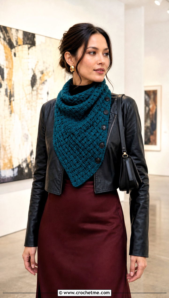 Cross Hatch Button Up Cowl With Leather Jacket And Midi Skirt - 15 Crochet Cowl With Buttons outfit ideas