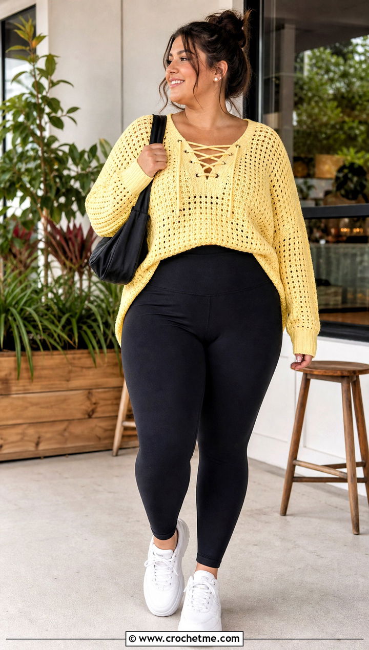 Cross My Heart Crochet Sweater With Black Leggings - 20 Cross My Heart Crochet Sweater outfit ideas