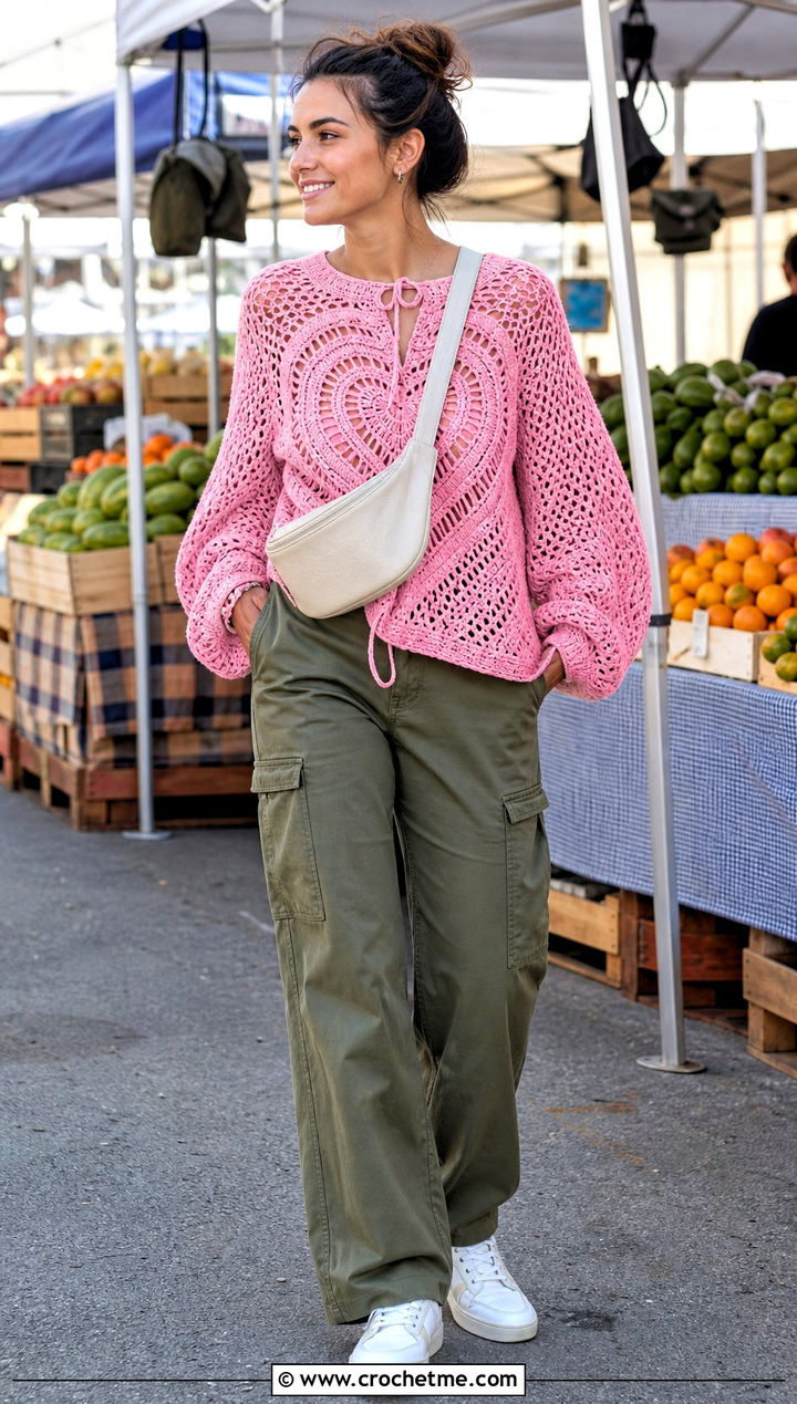 Cross My Heart Crochet Sweater With Cargo Pants - 20 Cross My Heart Crochet Sweater outfit ideas