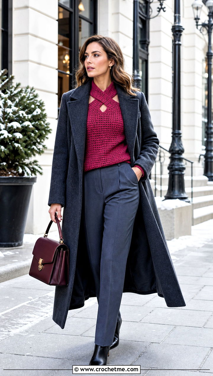 Cross My Heart Crochet Sweater With Long Coat And Trousers - 20 Cross My Heart Crochet Sweater outfit ideas