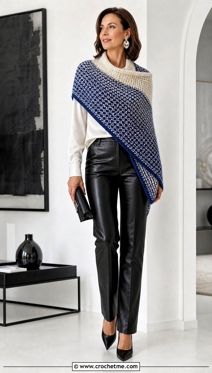 Cross Over Stitch Tunisian Shawl With Leather Pants - 35 tunisian crochet shawl outfit ideas