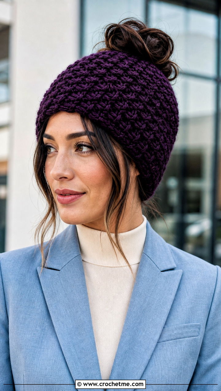 Cross Stitch Messy Bun Crochet Beanie With Blazer Dress - 30 easy messy bun crochet beanie outfit ideas