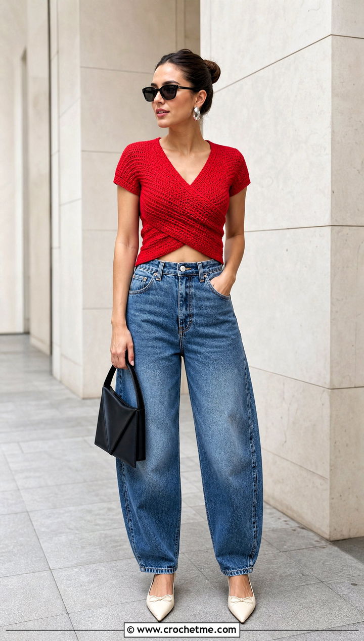 Cross Wrap Crochet Top With Barrel Jeans - 20 Crochet Cross Top outfit ideas
