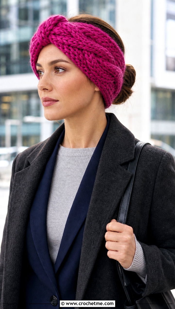 Crossed Cable Chunky Ear Warmer With Tailored Vest - 25 Crochet Chunky Ear Warmer outfit ideas