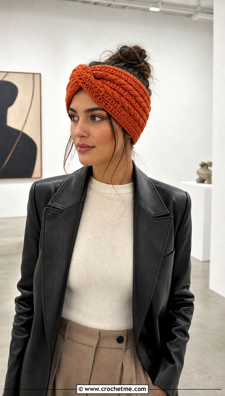 Crossed Cable Crochet Ear Warmer With Leather Blazer and Trousers - 25 Simple Crochet Ear Warmer outfit ideas
